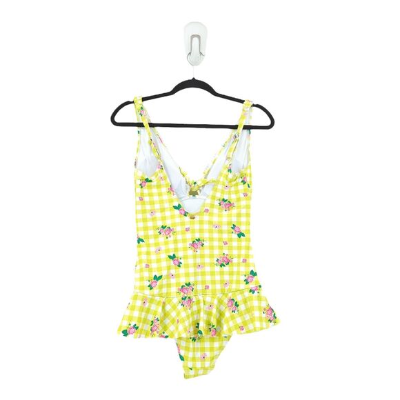 Betsey Johnson Women M Skirted Swimsuit Green White Gingham Plaid Floral 1 Piece - Picture 10 of 11